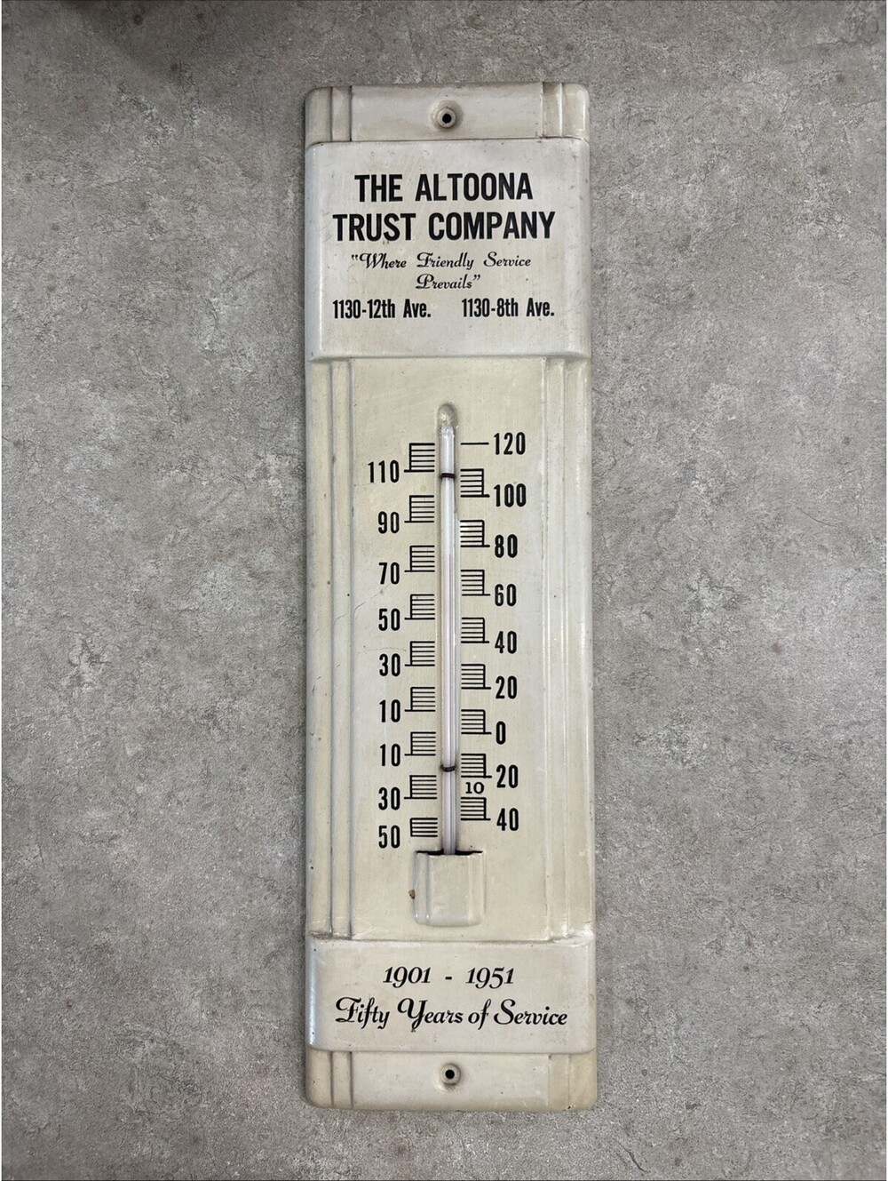 Vintage Altoona Trust Company Metal Thermometer, 1951, Fifty Years Or Service